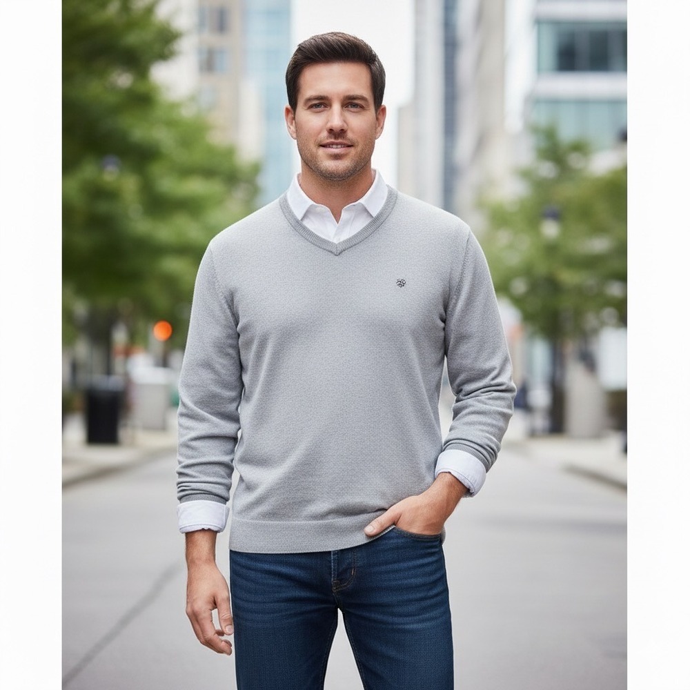 CHAPS V Neck Sweater Mens Medium Gray Cotton Cashmere Knit Pullover Top Casual